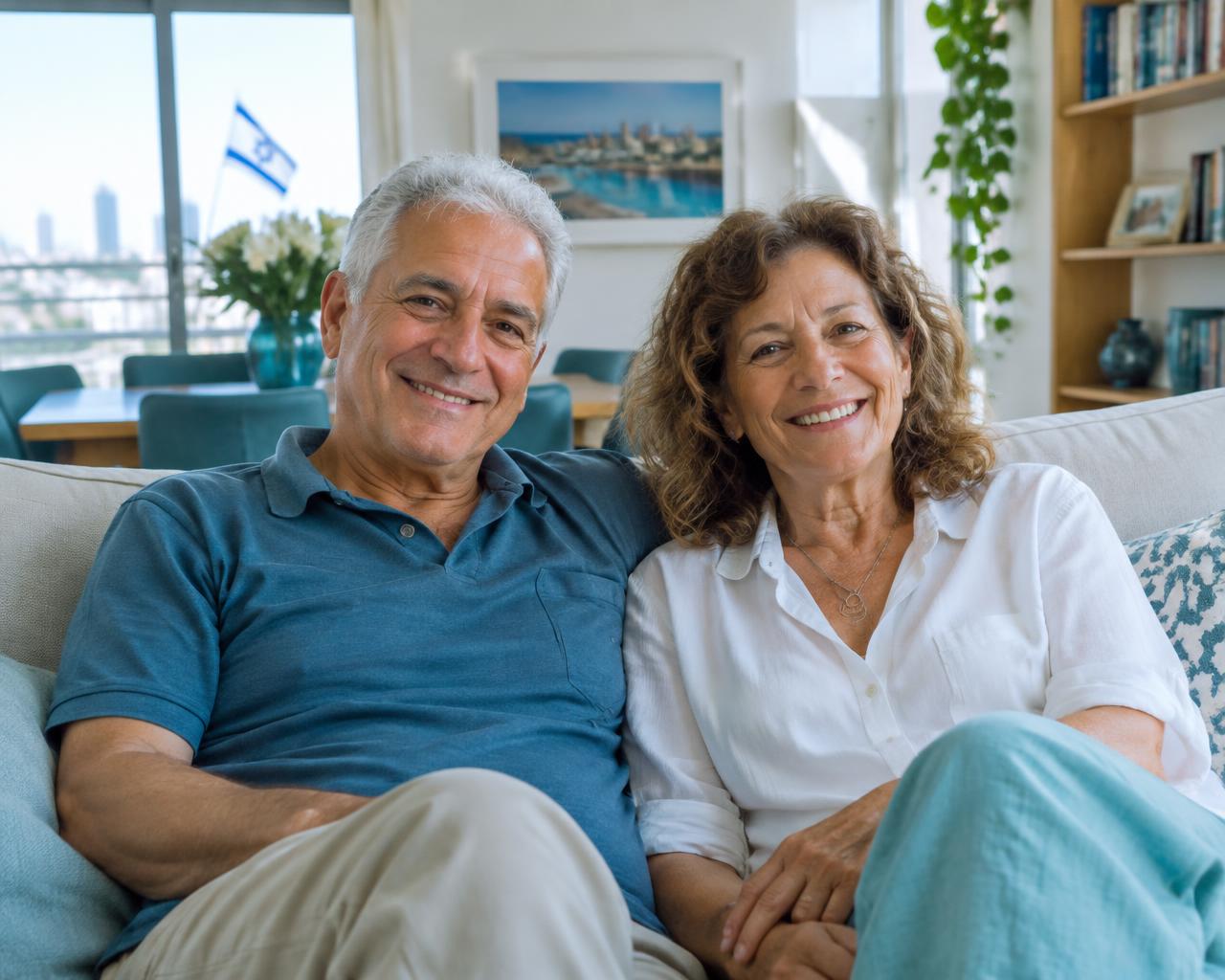 זוג מבוגר מחייך בסלון ביתם